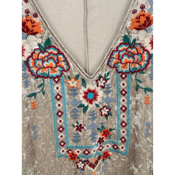Savanna Jane Velvet Embroidered Tunic Top Kaftan Beige M L Boho - Picture 6 of 10